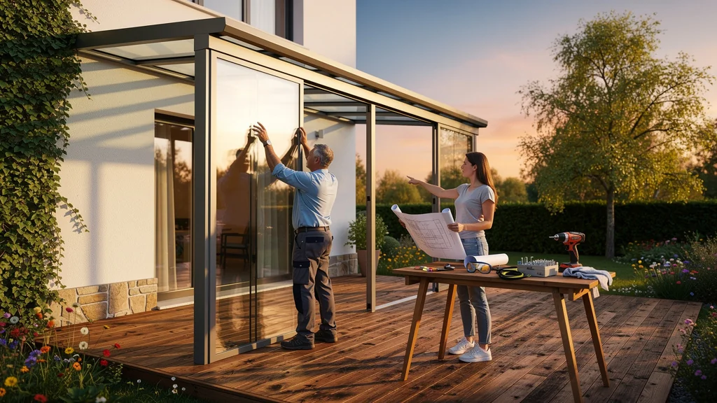 Installation d'une véranda moderne avec cadre en aluminium et panneaux vitrés dans un jardin ensoleillé