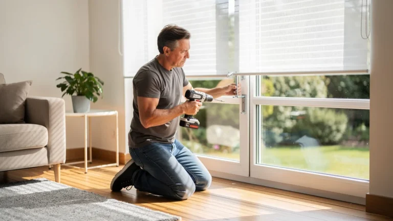 Installation de stores d’intérieur modernes dans un salon lumineux avec homme concentré au travail