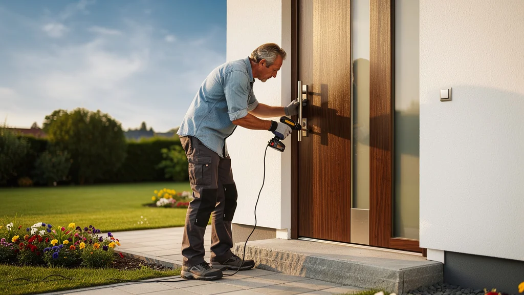 Artisan posant sa porte d'entrée moderne en bois, étape essentielle pour une installation réussie