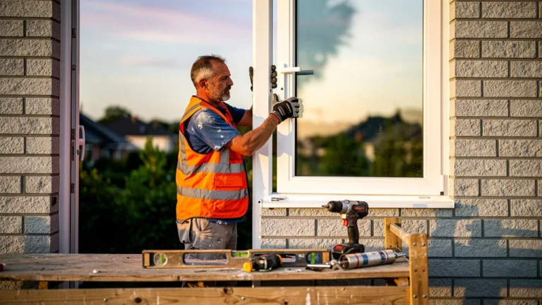 Pose de fenêtre professionnelle sur façade moderne avec outils et artisan en pleine installation