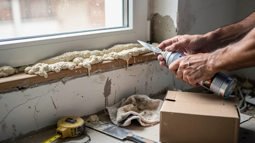Scellement d’appui de fenêtre en mousse PU raté, avec mousse expansive visible et outils de bricolage
