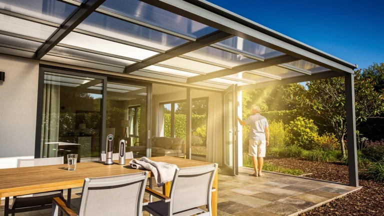 Véranda en polycarbonate 32 mm en été, illustrant la température sous forte chaleur