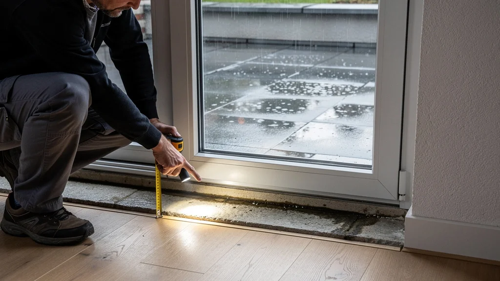 Infiltration sous porte-fenêtre révélant un rejingot manquant de 4 cm