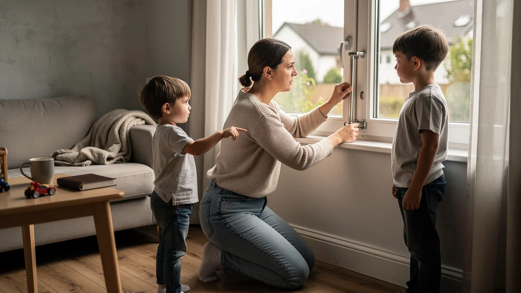 Parent rénovant les poignées de fenêtres pour la sécurité des enfants de 7 et 10 ans à la maison