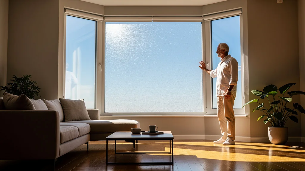 Film solaire anti-chaleur appliqué sur baie vitrée plein sud en test d’efficacité solaire