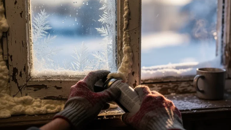 Fenêtre d’hiver avec mousse de calfeutrage appliquée imparfaitement sur cadre en bois usé