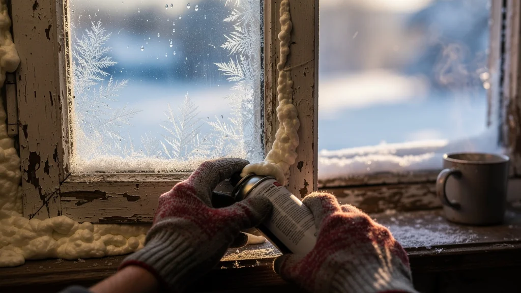 Fenêtre d’hiver avec mousse de calfeutrage appliquée imparfaitement sur cadre en bois usé