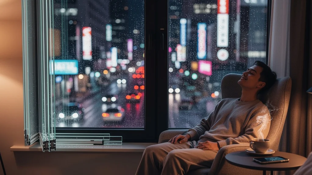 Vue nocturne intérieure d’un vitrage phonique 44.2 montrant une isolation sonore nette et un calme absolu