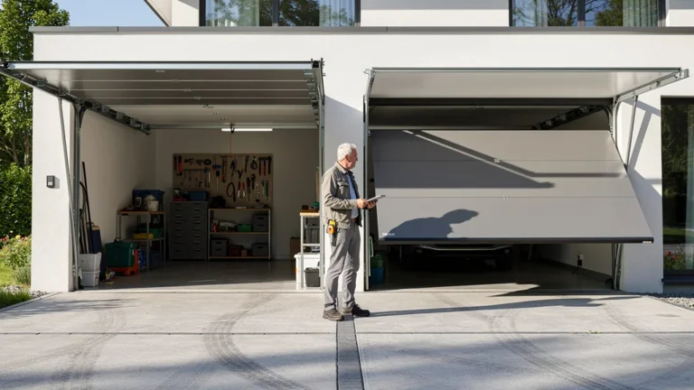 Porte de garage sectionnelle Hörmann face à une basculante, comparaison réaliste en façade de maison
