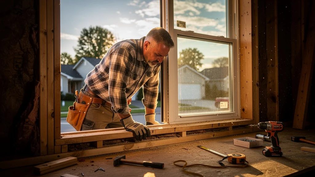 Pose de fenêtre interrompue à cause d'une tapée trop courte, chantier en lumière naturelle 8K ultra-réaliste