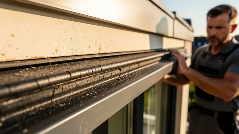 Joint EPDM rincé par le sud sur façade exposée au soleil, illustration photoréaliste