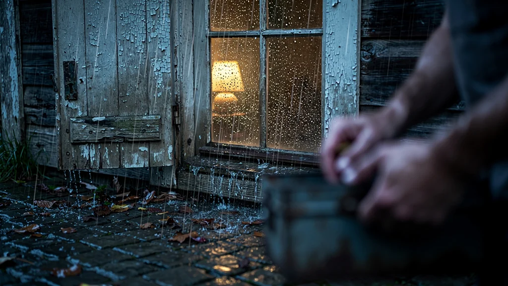 Pluie battante sur anciens volets en bois usés, déclenchant une décision urgente de bricolage