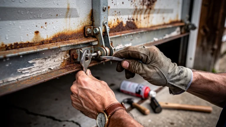 Porte de garage basculante grippée avec gonds rouillés en cours de réparation détaillée