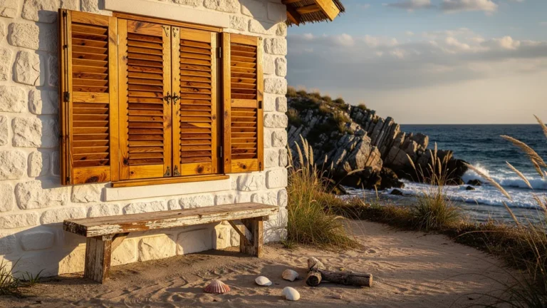 Volets battants en bois exotique résistant en bord de mer avec maison et océan en arrière-plan