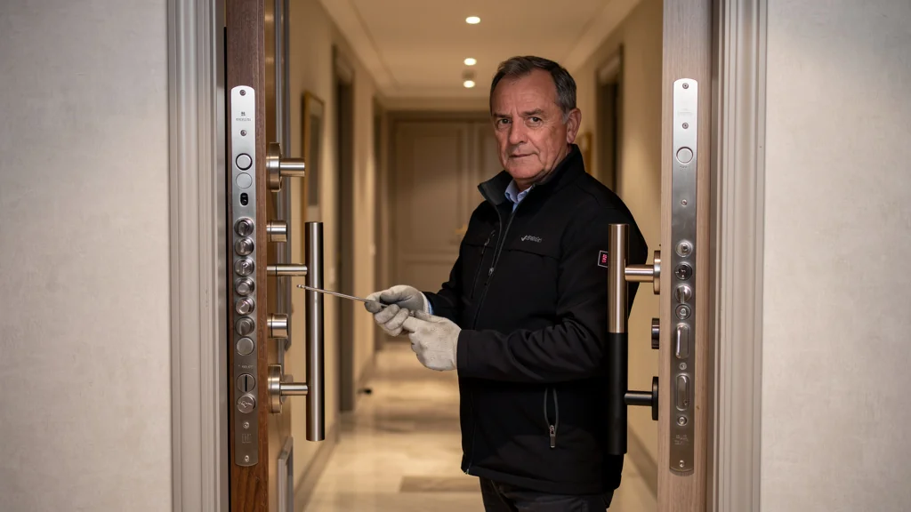Comparatif de serrures 5 points Vachette et Bricard sur porte palière, image de sécurité d’appartement
