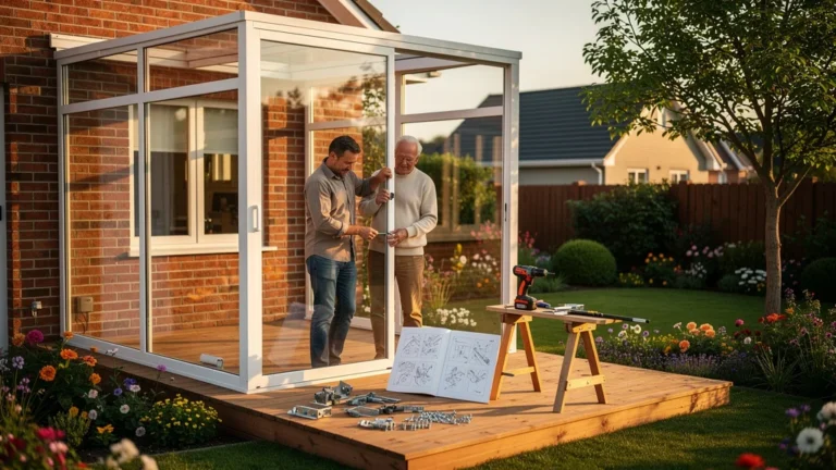 Homme aidant un voisin à monter une véranda en kit dans un jardin ensoleillé, avis détaillé