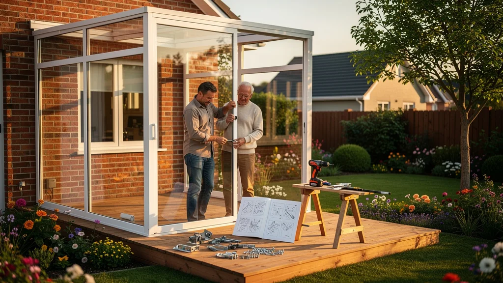 Homme aidant un voisin à monter une véranda en kit dans un jardin ensoleillé, avis détaillé
