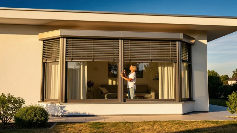 Volets roulants solaires sur une baie sud en été, illustrant un avis après 2 étés