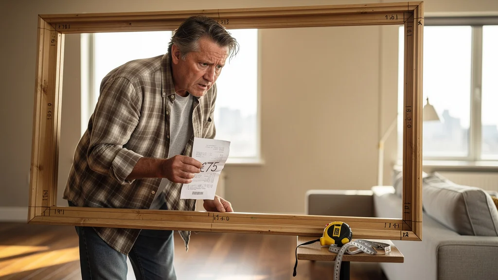 Homme frustré dans un salon moderne face à une fenêtre mal mesurée occasionnant un renvoi à 75 euros