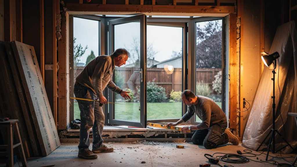 Baie vitrée de travers sur chantier de rénovation, illustration du risque de ne pas chiffrer les menuiseries avant le gros œuvre