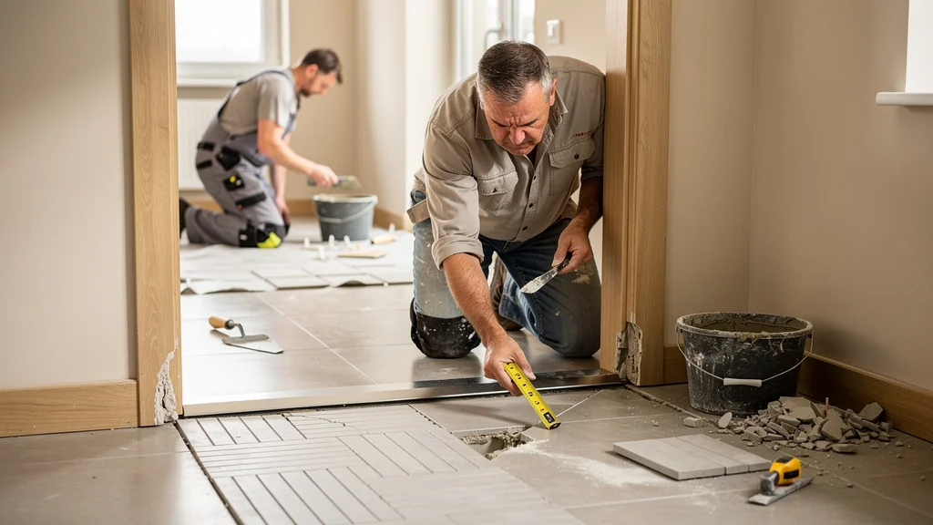 Retouches de carrelage après absence de seuil plat, chantier de rénovation intérieure