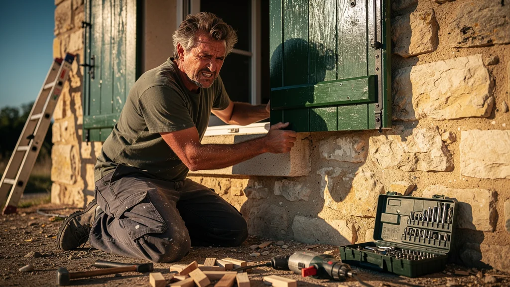 Homme posant volets battants sans cales, galère de deux heures, installation difficile volets en bois