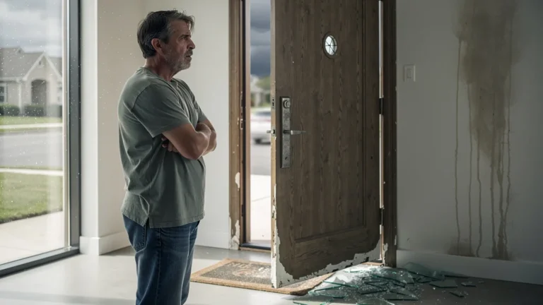 Porte d'entrée premier prix abîmée montrant les défauts et risques, déconseillée en grande surface