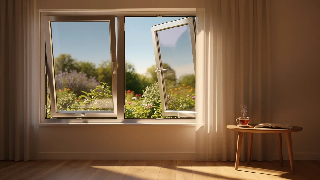 Fenêtre oscillo-battante moderne ouverte, pratique et esthétique avec lumière naturelle et décor chaleureux