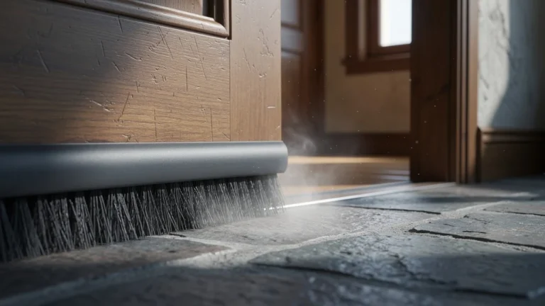 Test ultra-réaliste d’un joint brosse sur porte d’entrée avec seuil haut contre les courants d’air