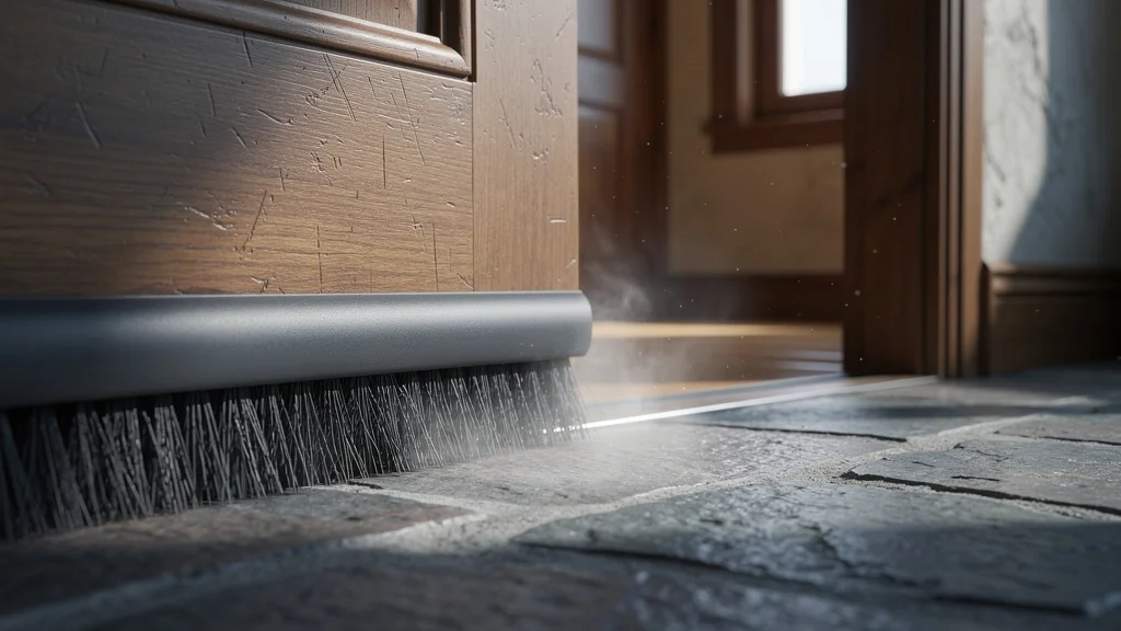 Test ultra-réaliste d’un joint brosse sur porte d’entrée avec seuil haut contre les courants d’air