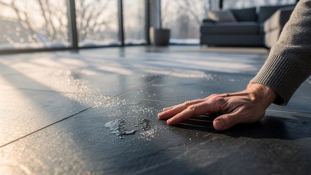 Main d'une personne touchant un carrelage sombre en véranda après l'hiver, mesurant ses écarts de température