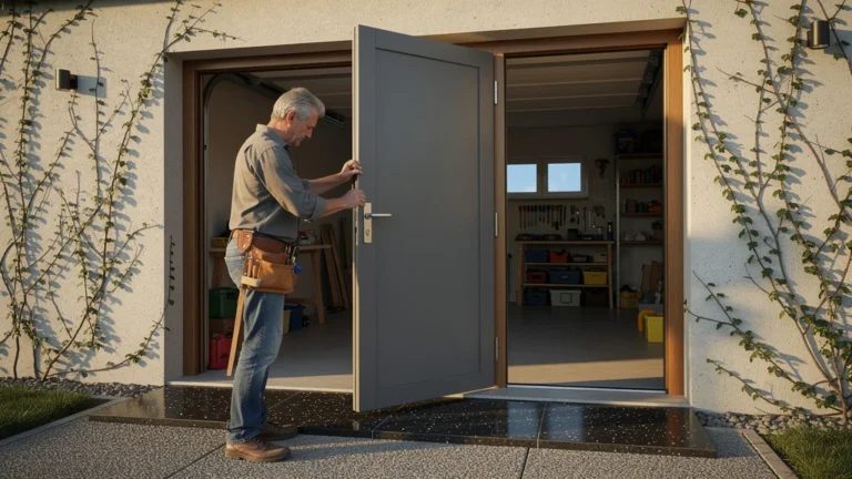 Installation porte de service côté garage avec seuil en pierre, leçon sur les seuils et détails précis