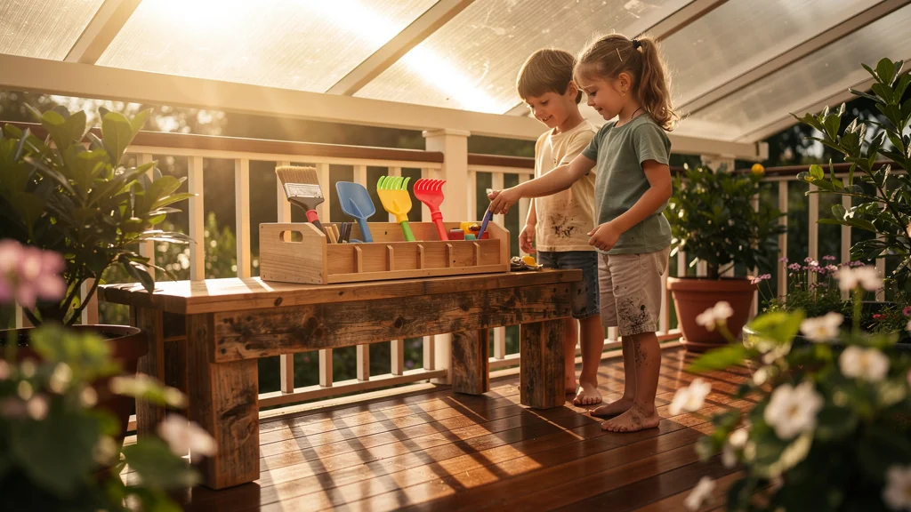 Enfants rangeant soigneusement leurs outils, protégeant le plancher en bois de la véranda avec organisation