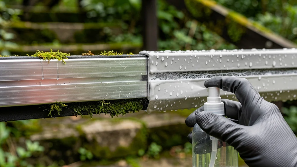 Comparaison de deux produits anti-mousse appliqués sur profils aluminium de véranda avec joints et sans