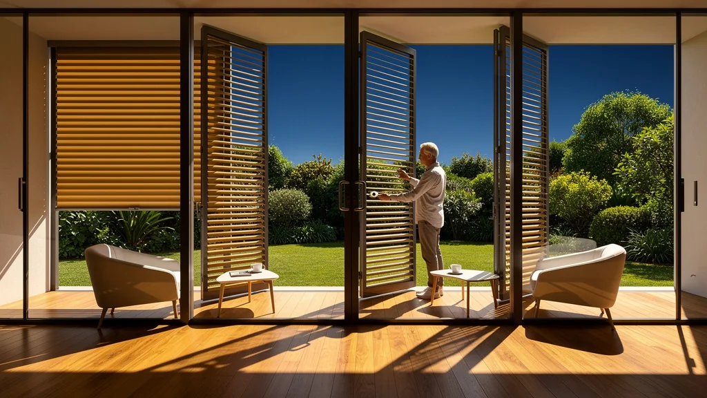 Véranda sud avec brise-soleil orientable montrant les lames à 0°, 30°, 45° et 90° en lumière naturelle
