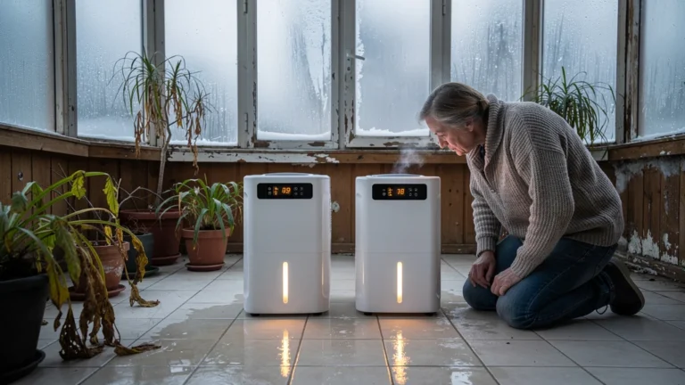 Personne teste deux déshumidificateurs dans une véranda froide et humide en hiver