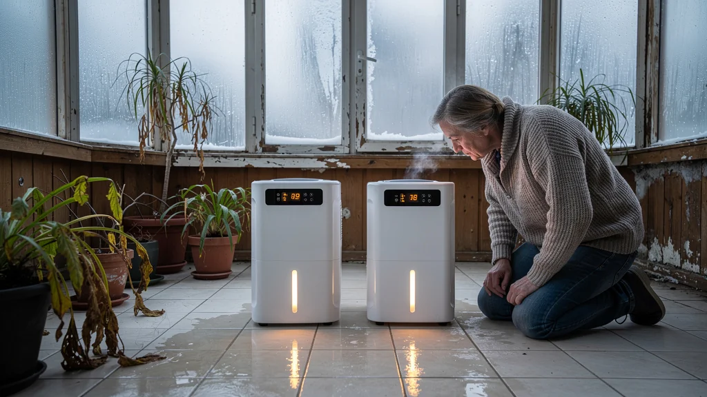 Personne teste deux déshumidificateurs dans une véranda froide et humide en hiver