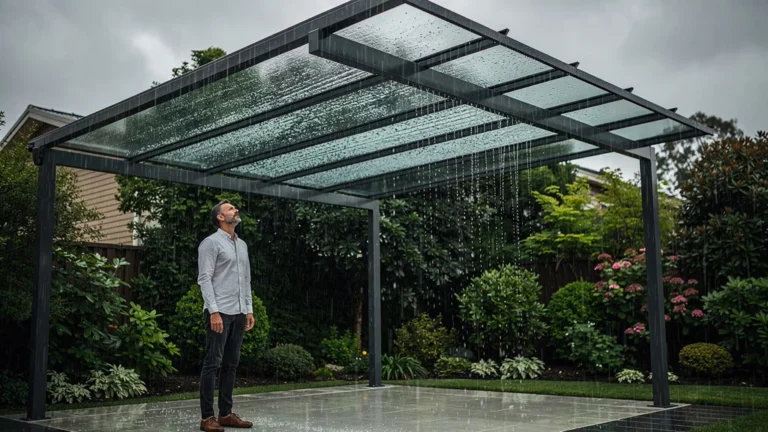 Véranda avec toiture inclinée pour une meilleure évacuation de la pluie et éviter les infiltrations