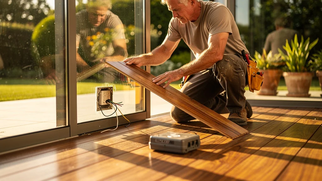 Vue hyperréaliste d'une véranda avec prise électrique non étanche installée après le plancher en bois