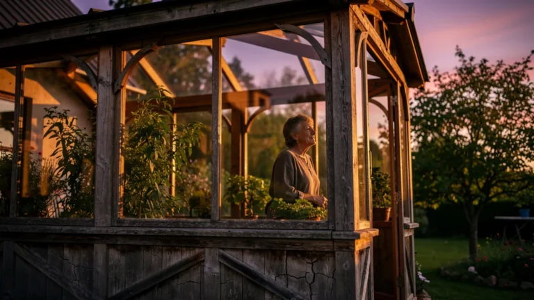 Véranda en bois au coucher du soleil craquant sous les rayons dorés, ambiance chaleureuse et apaisante