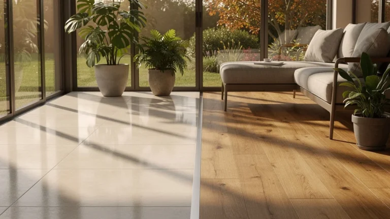 Comparaison réaliste sol carrelé et plancher stratifié en véranda après plusieurs saisons d’usage