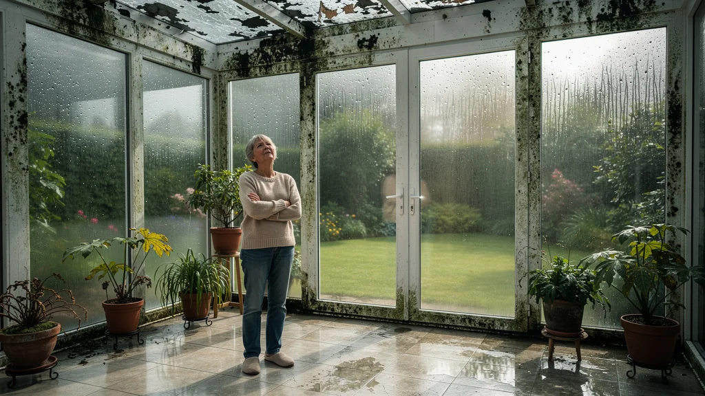 Véranda humide endommagée par absence de ventilation haute, moisissures visibles sur les vitres et boiseries