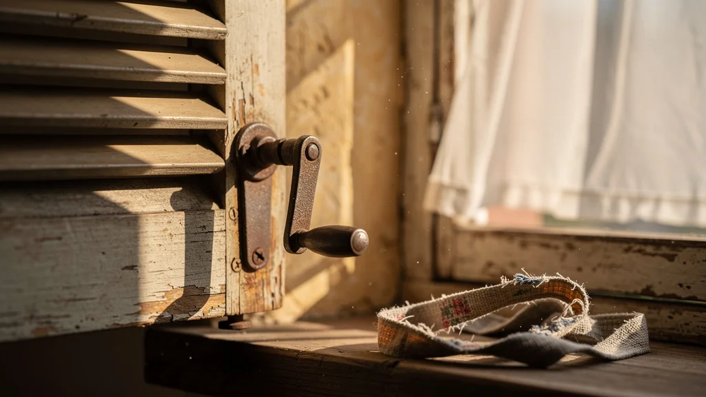 Manivelle de volet en métal ancien près d’une sangle usée cassée sur un rebord de fenêtre en bois