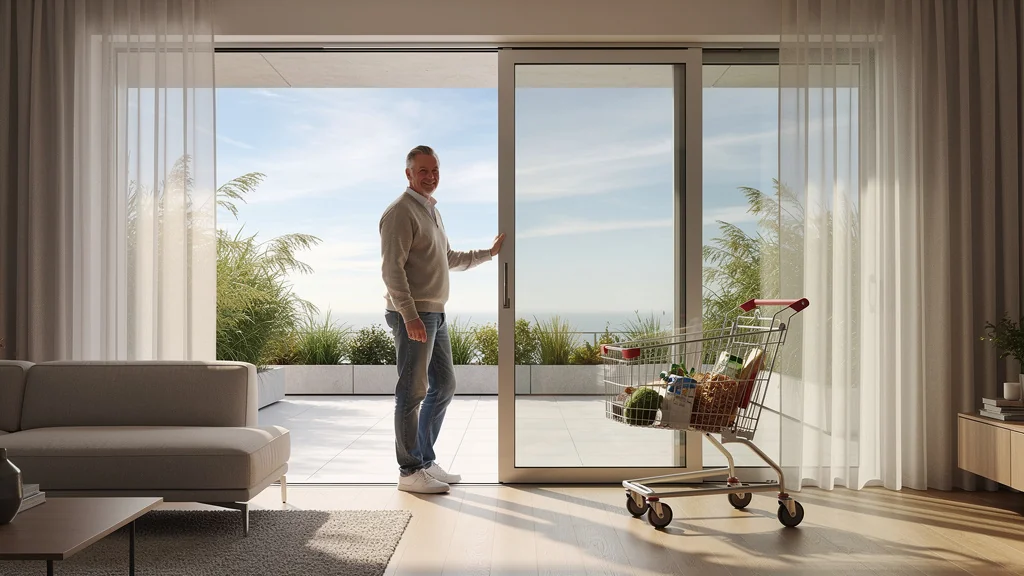 Porte-fenêtre à galandage moderne ouverte sur terrasse, facilité d’accès et design élégant