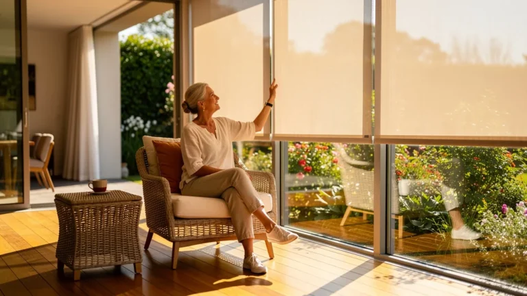 Véranda plein sud lumineuse avec stores, ambiance chaleureuse et confortable au soleil naturel