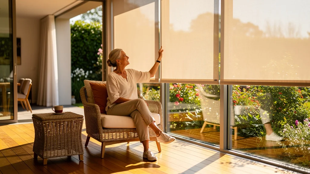 Véranda plein sud lumineuse avec stores, ambiance chaleureuse et confortable au soleil naturel