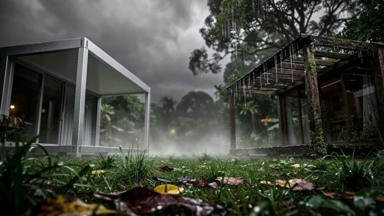 Comparaison d’une ossature alu et bois de véranda sous climat humide avec condensation visible sur le bois