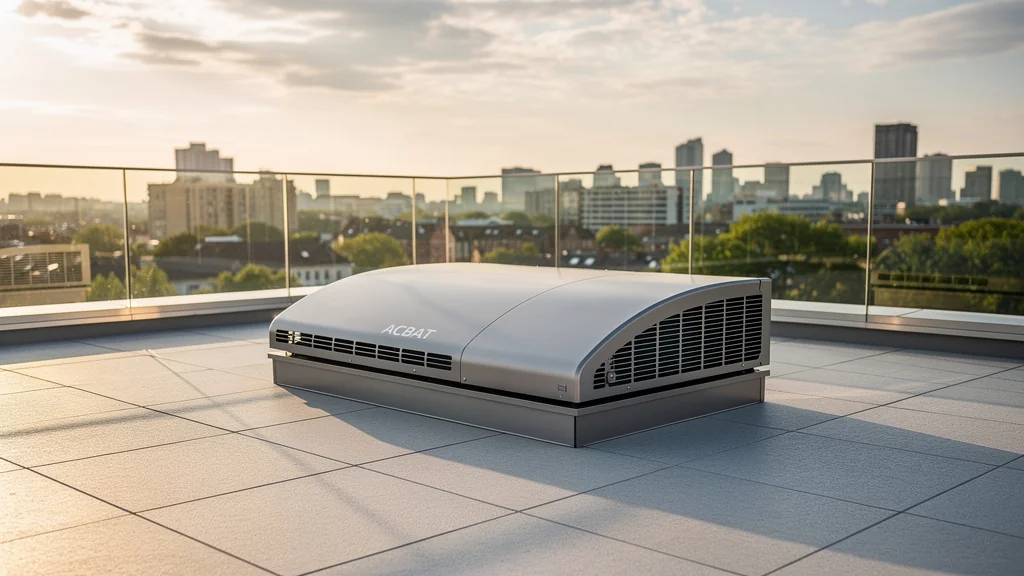Installation acbat moderne sur toit plat, système de ventilation et climatisation avancé en habitat