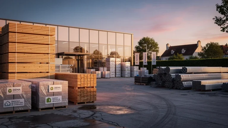 Vue hyper-réaliste du dépôt Dema France au coucher du soleil, matériaux de construction et ambiance paisible