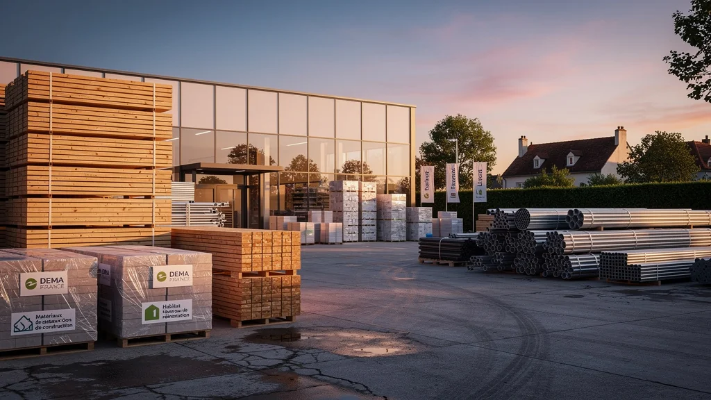 Vue hyper-réaliste du dépôt Dema France au coucher du soleil, matériaux de construction et ambiance paisible